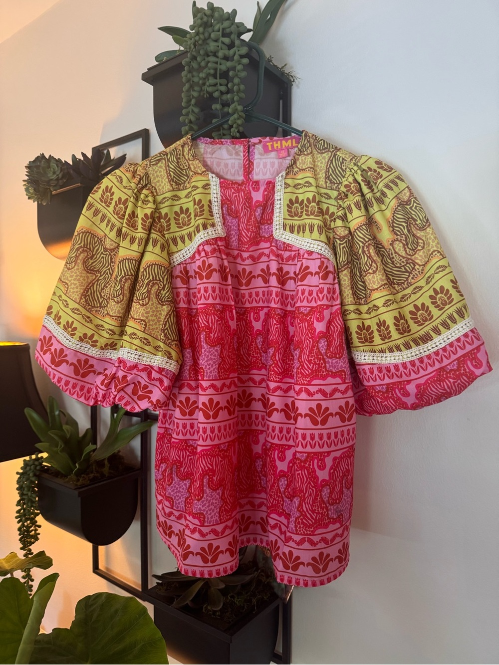 THML Pink and Yellow Printed Puff-Sleeve Blouse